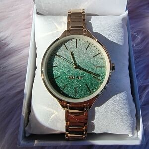 NEW BATTERY! Nine West Shimmery Ombre Green And Gold Bracelet Watch
